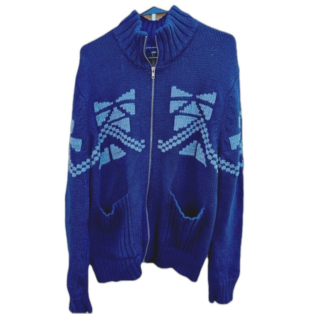 Saks Fifth Avenue Wool Cotton Knit Zip Cardigan Sweater Blue XL
